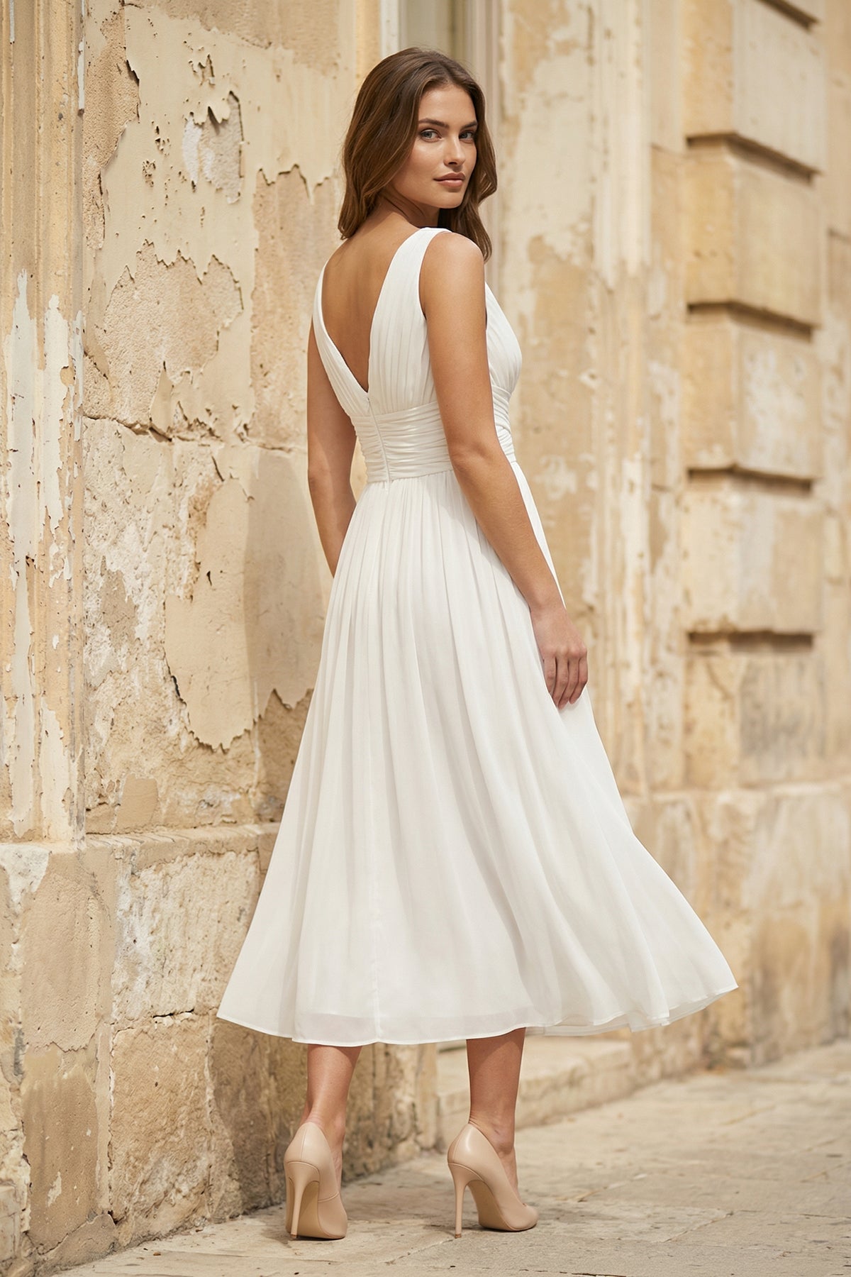 V-Neck Sleeveless Tea-Length Chiffon Wedding Dress With Ruching And Low-V Back