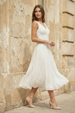 V-Neck Sleeveless Tea-Length Chiffon Wedding Dress With Ruching And Low-V Back