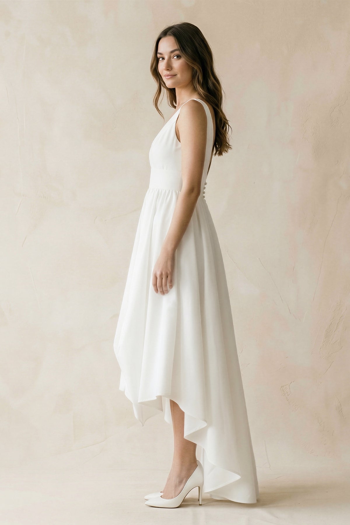 V-Neck Chiffon High-Low Chiffon Wedding Dress in White