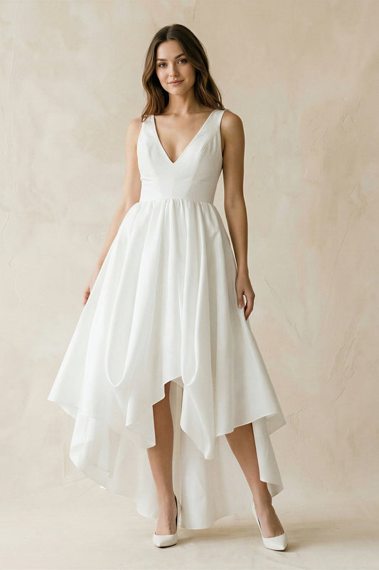 V-Neck Chiffon High-Low Chiffon Wedding Dress in White