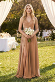 V-Neck Chiffon Pleated A-Line Bridesmaid Dress in Bronzer