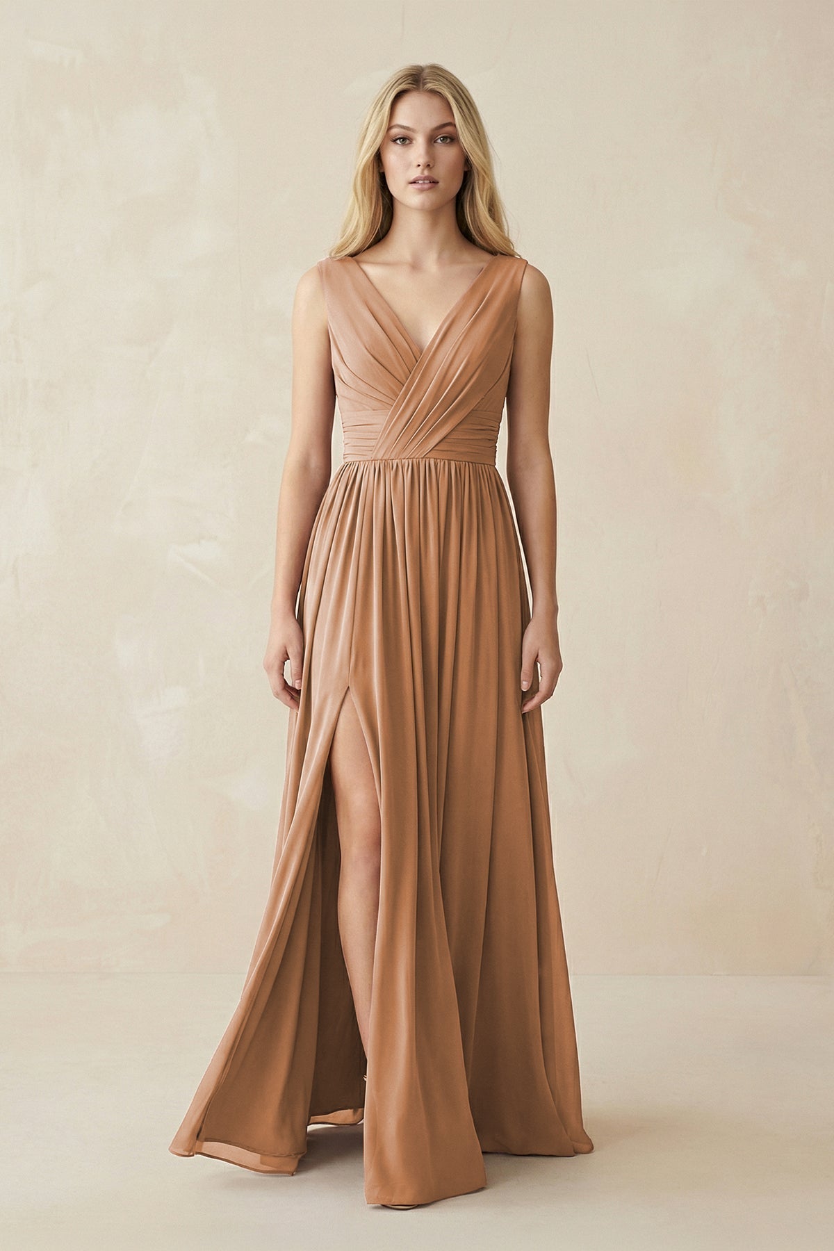V-Neck Chiffon Pleated A-Line Bridesmaid Dress in Bronzer