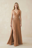 V-Neck Chiffon Pleated A-Line Bridesmaid Dress in Bronzer