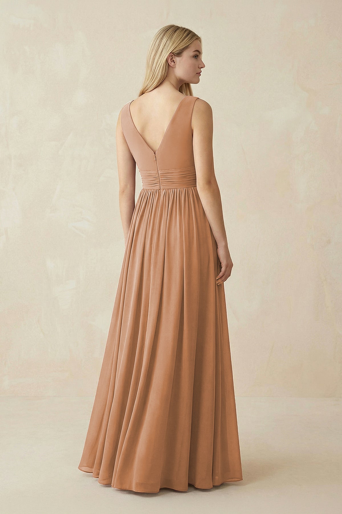 V-Neck Chiffon Pleated A-Line Bridesmaid Dress in Bronzer
