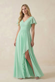 V-Neck Flutter Sleeve A-Line Chiffon Bridesmaid Dress in Pale Pistachio