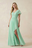 V-Neck Flutter Sleeve A-Line Chiffon Bridesmaid Dress in Pale Pistachio