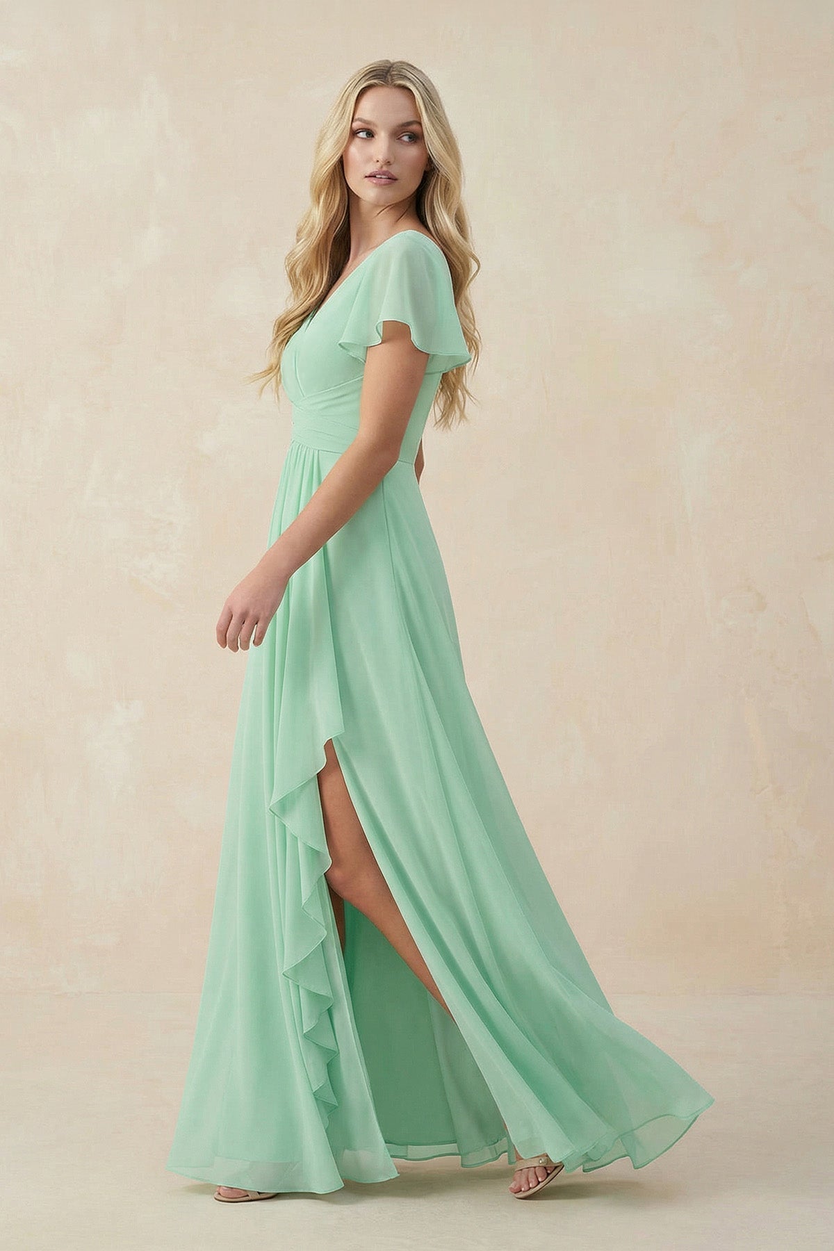 V-Neck Flutter Sleeve A-Line Chiffon Bridesmaid Dress in Pale Pistachio