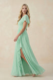 V-Neck Flutter Sleeve A-Line Chiffon Bridesmaid Dress in Pale Pistachio