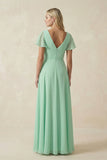 V-Neck Flutter Sleeve A-Line Chiffon Bridesmaid Dress in Pale Pistachio