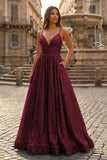 A-line V Neck Sequins Long Prom Dress