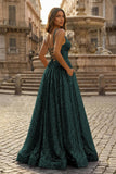 A-line V Neck Sequins Long Prom Dress