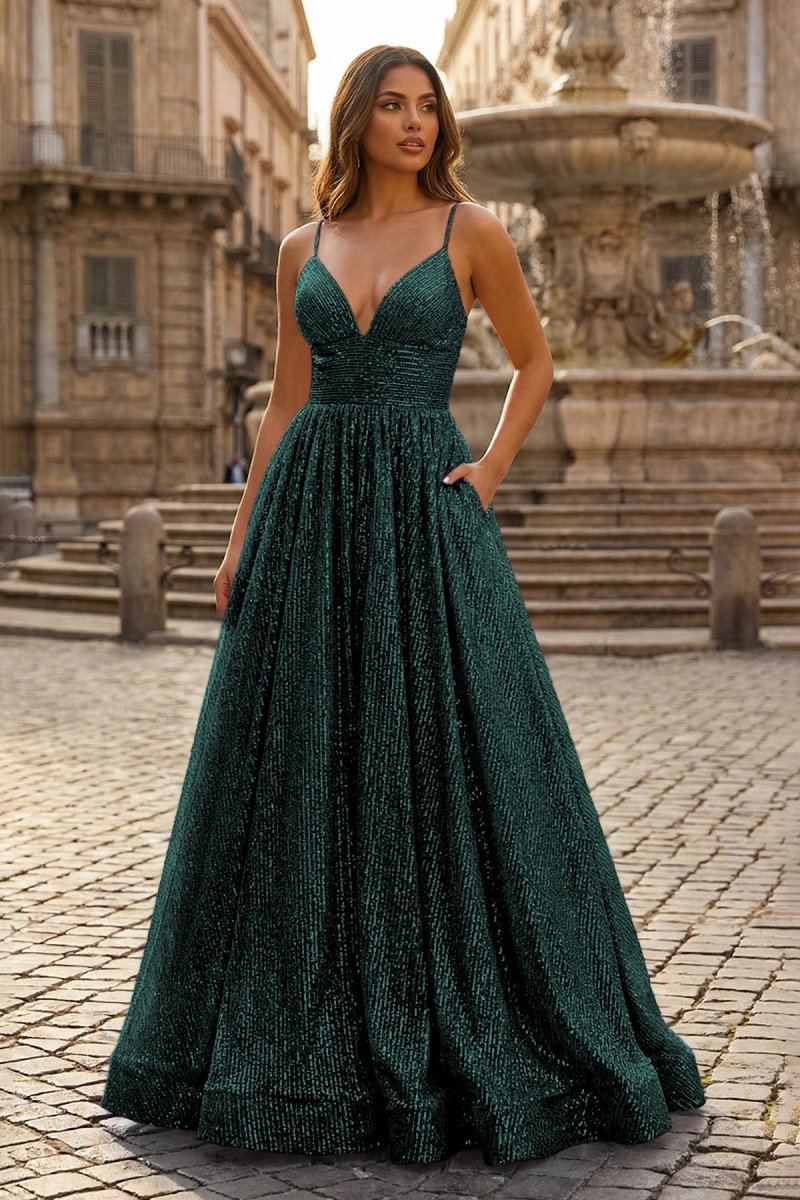 A-line V Neck Sequins Long Prom Dress
