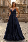 A-line V Neck Sequins Long Prom Dress