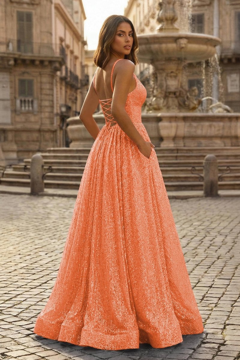 A-line V Neck Sequins Long Prom Dress