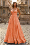 A-line V Neck Sequins Long Prom Dress