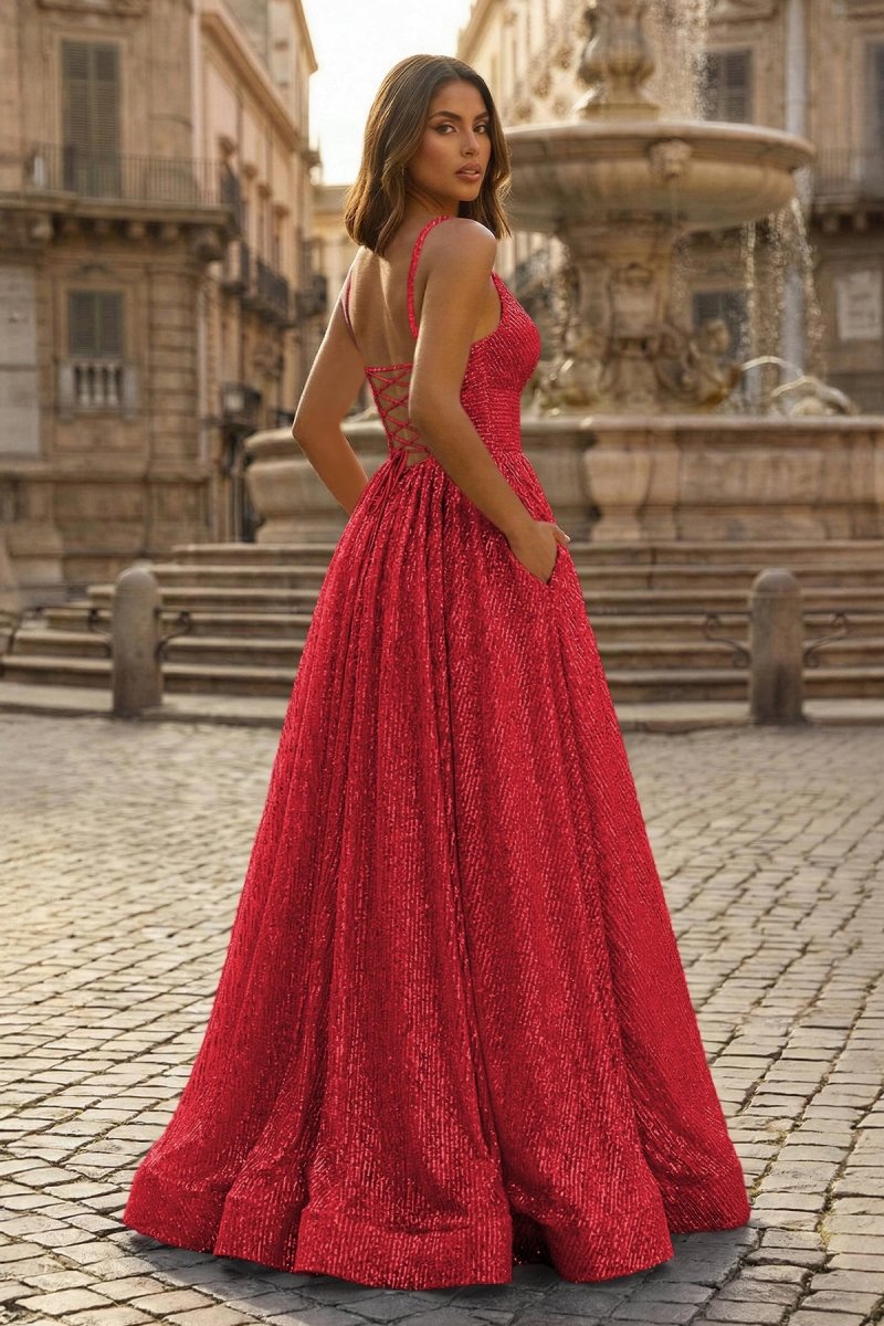 A-line V Neck Sequins Long Prom Dress