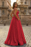A-line V Neck Sequins Long Prom Dress