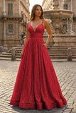 A-line V Neck Sequins Long Prom Dress