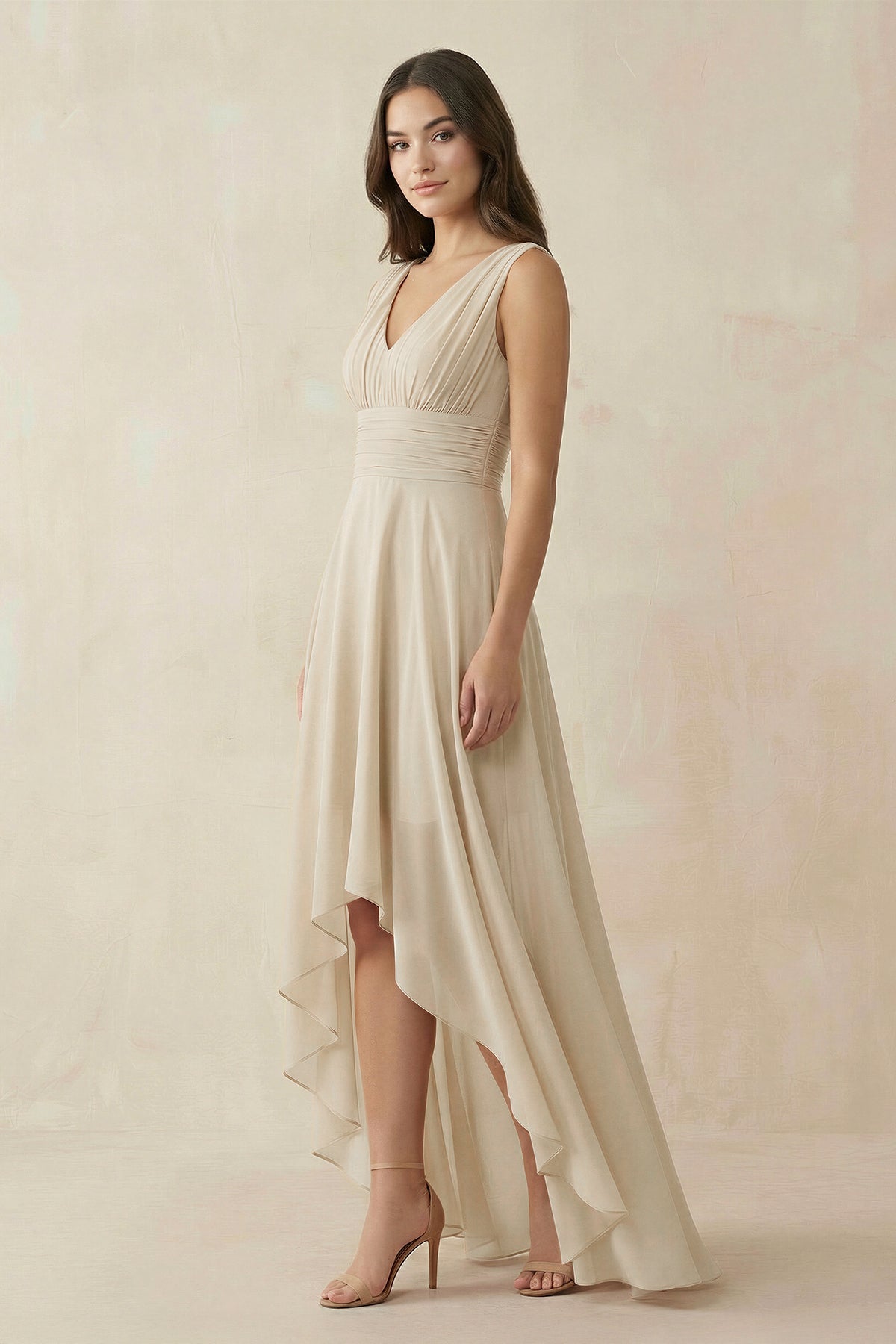 V-Neck High-Low Chiffon Bridesmaid Dress in Champagne