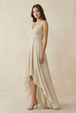 V-Neck High-Low Chiffon Bridesmaid Dress in Champagne