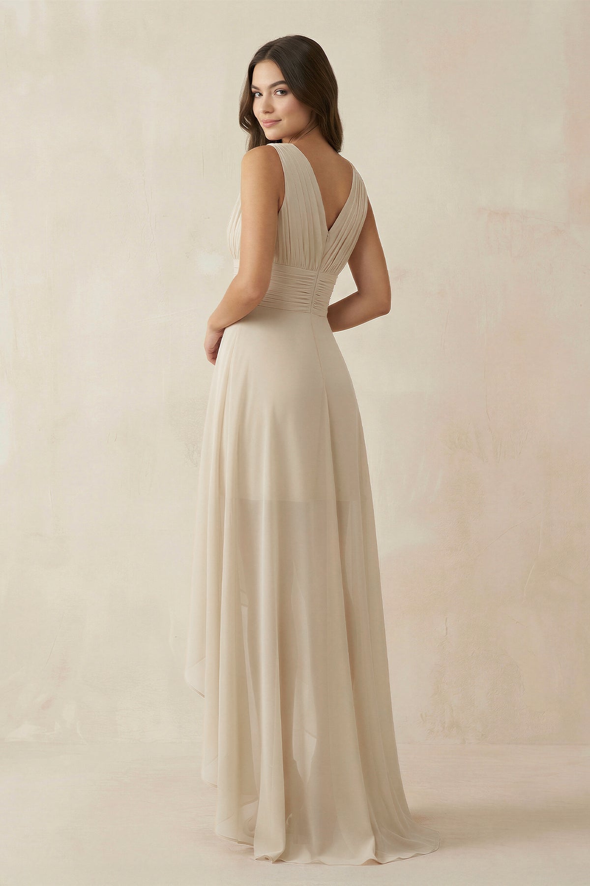 V-Neck High-Low Chiffon Bridesmaid Dress in Champagne
