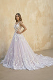 Light Purple Sleeveless A Line V-Neck Lace Wedding Dresses