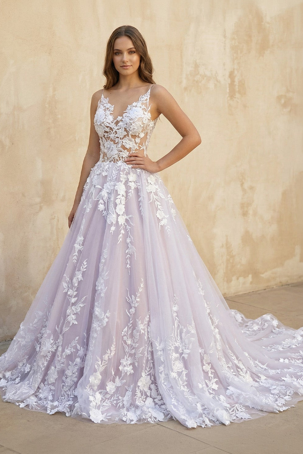 Light Purple Sleeveless A Line V-Neck Lace Wedding Dresses