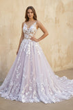 Light Purple Sleeveless A Line V-Neck Lace Wedding Dresses