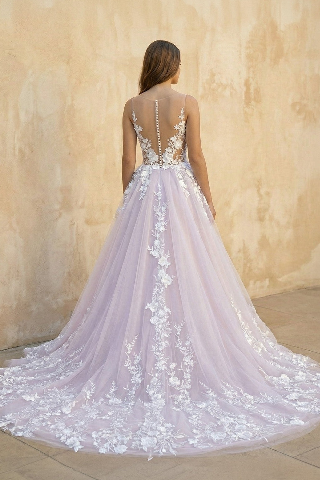 Light Purple Sleeveless A Line V-Neck Lace Wedding Dresses