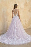 Light Purple Sleeveless A Line V-Neck Lace Wedding Dresses