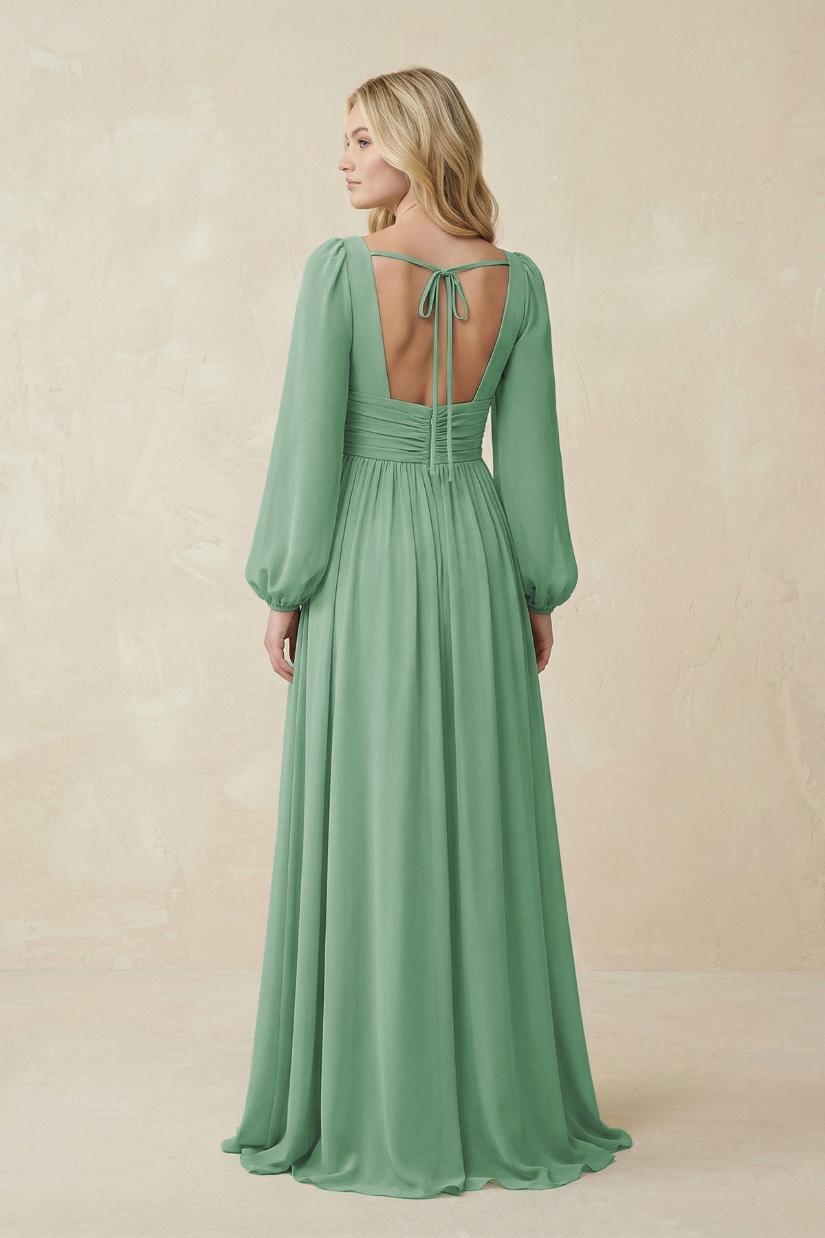 V-Neck Long Sleeve A-Line Chiffon Bridesmaid Dress in Sea Glass