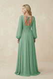 V-Neck Long Sleeve A-Line Chiffon Bridesmaid Dress in Sea Glass