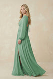 V-Neck Long Sleeve A-Line Chiffon Bridesmaid Dress in Sea Glass