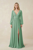 V-Neck Long Sleeve A-Line Chiffon Bridesmaid Dress in Sea Glass