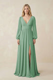 V-Neck Long Sleeve A-Line Chiffon Bridesmaid Dress in Sea Glass
