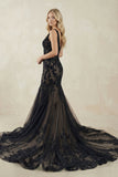 Black Tulle Appliques V-Neck Trumpet Mermaid Long Wedding Dress