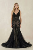 Black Tulle Appliques V-Neck Trumpet Mermaid Long Wedding Dress
