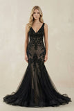 Black Tulle Appliques V-Neck Trumpet Mermaid Long Wedding Dress