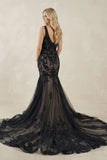 Black Tulle Appliques V-Neck Trumpet Mermaid Long Wedding Dress