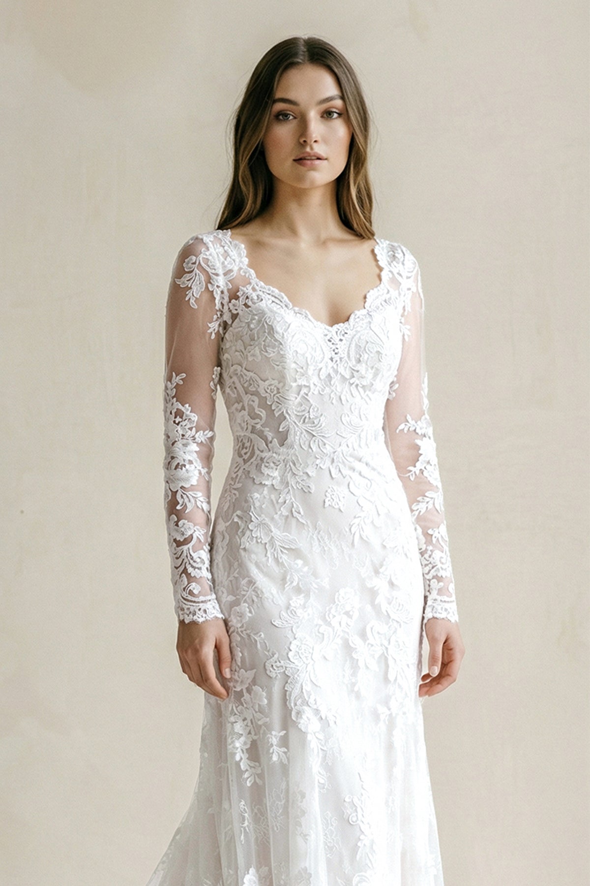 Lace Bohemian Deep-V Back Cathedral Train Wedding Dress