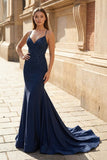 Mermaid V Neck Glitter Satin Prom Dress