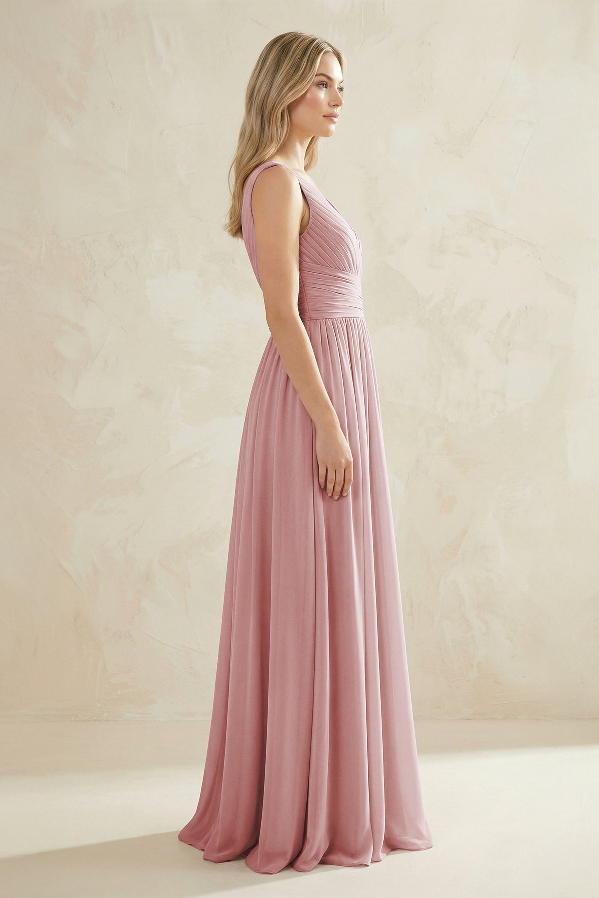 V-Neck Pleated A-Line Bridesmaid Dress in Dusty Rose