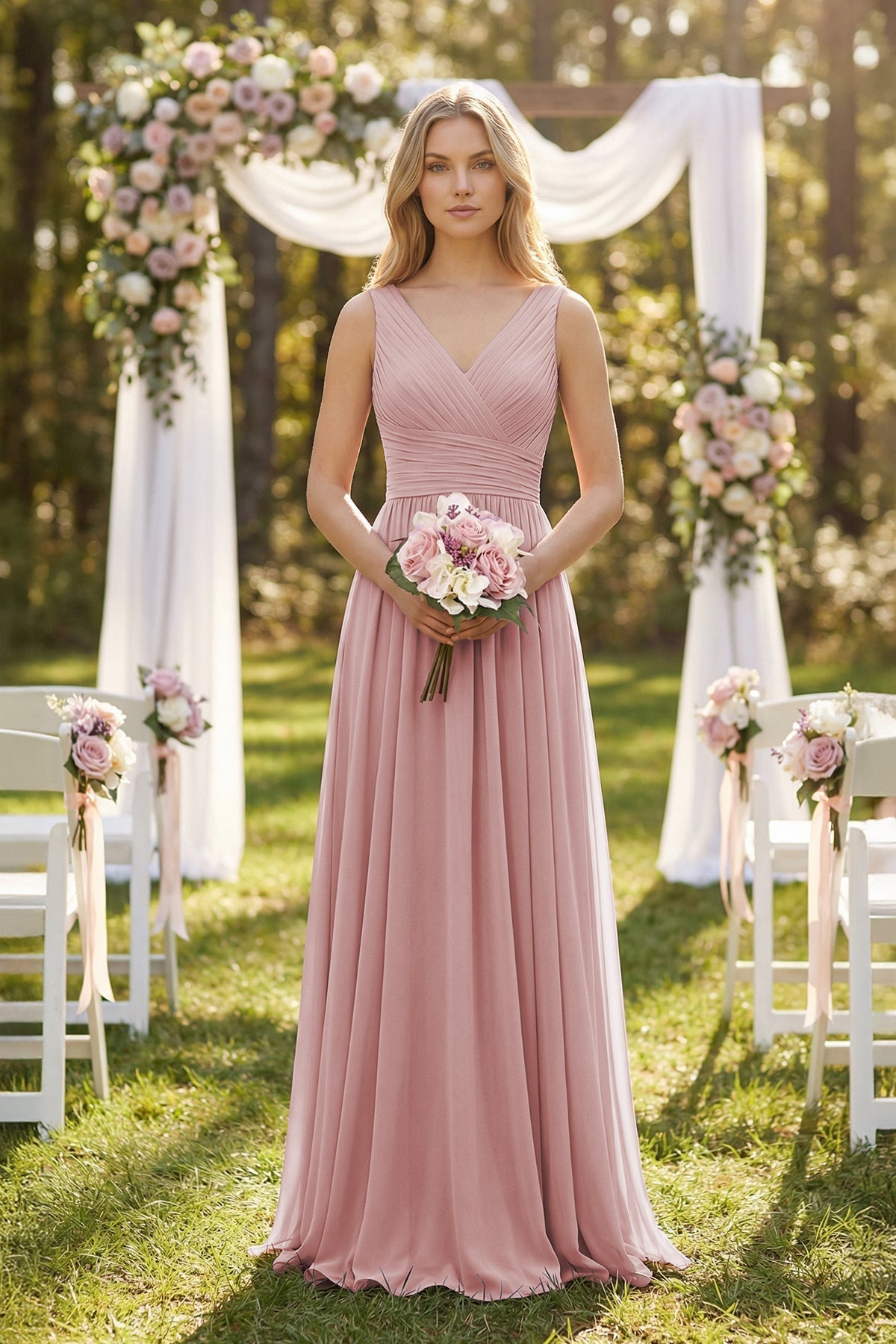 V-Neck Pleated A-Line Bridesmaid Dress in Dusty Rose