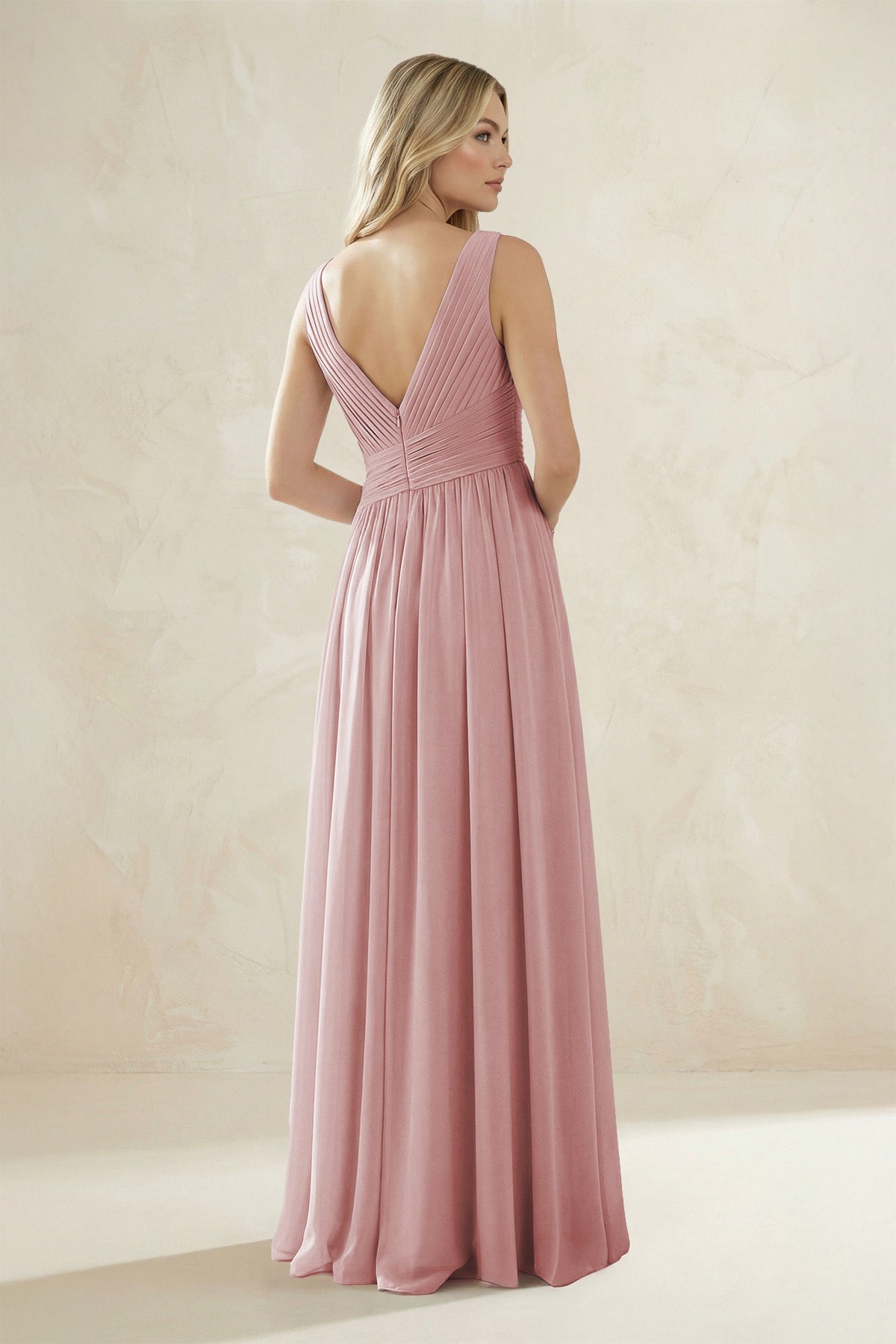 V-Neck Pleated A-Line Bridesmaid Dress in Dusty Rose