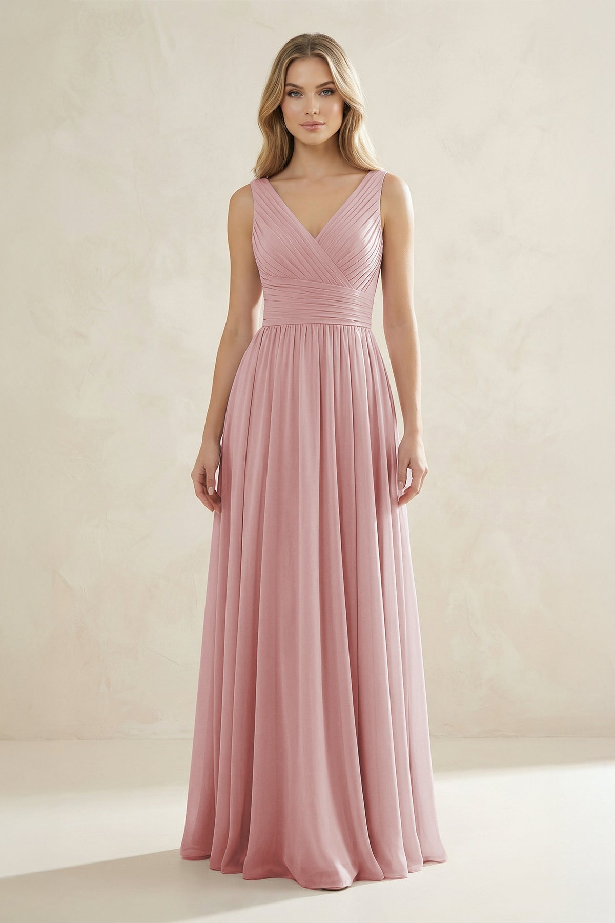 V-Neck Pleated A-Line Bridesmaid Dress in Dusty Rose