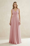 V-Neck Pleated A-Line Bridesmaid Dress in Dusty Rose