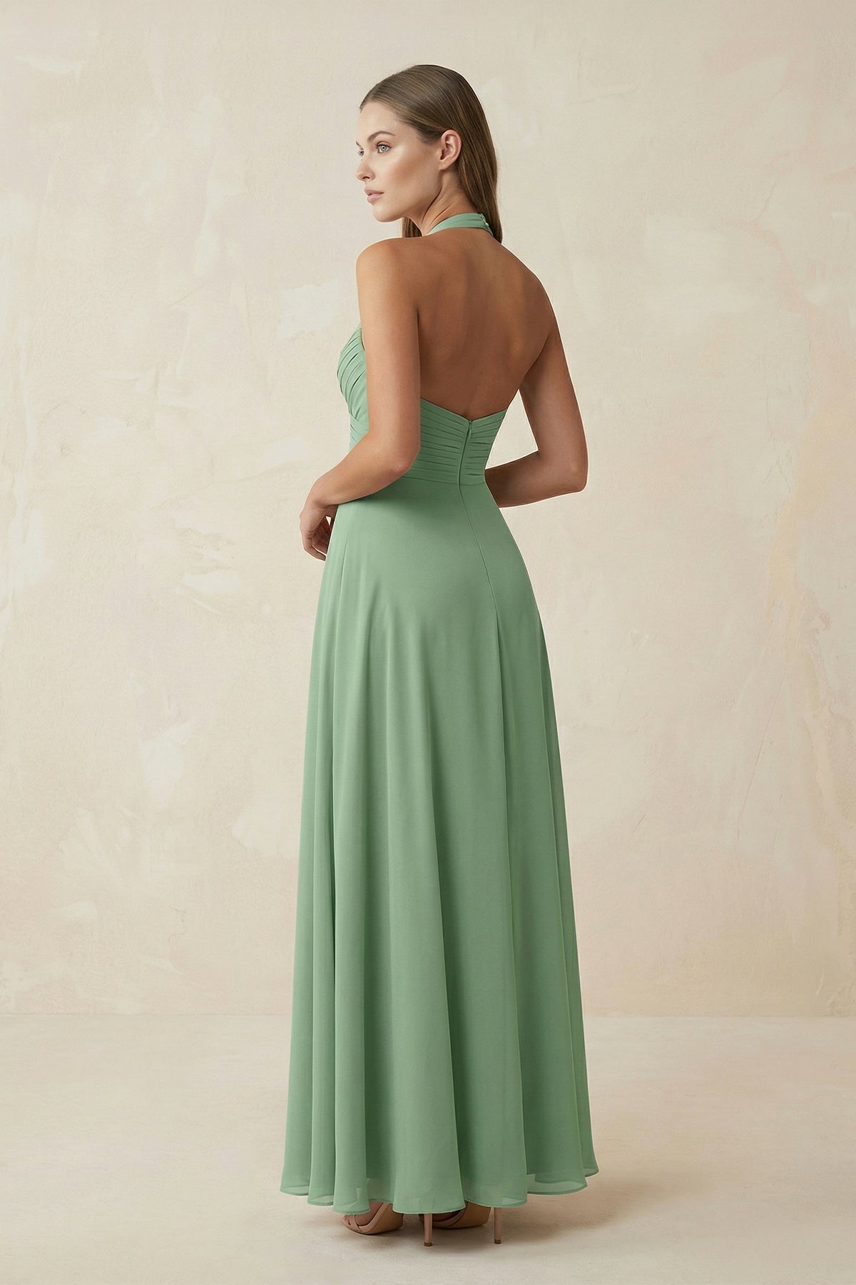 V-Neck Pleated A-Line Chiffon Bridesmaid Dress in Sea Glass