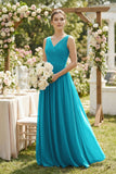A-Line V-Neck Pleated Chiffon Bridesmaid Dress in Blue Jay