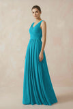 A-Line V-Neck Pleated Chiffon Bridesmaid Dress in Blue Jay