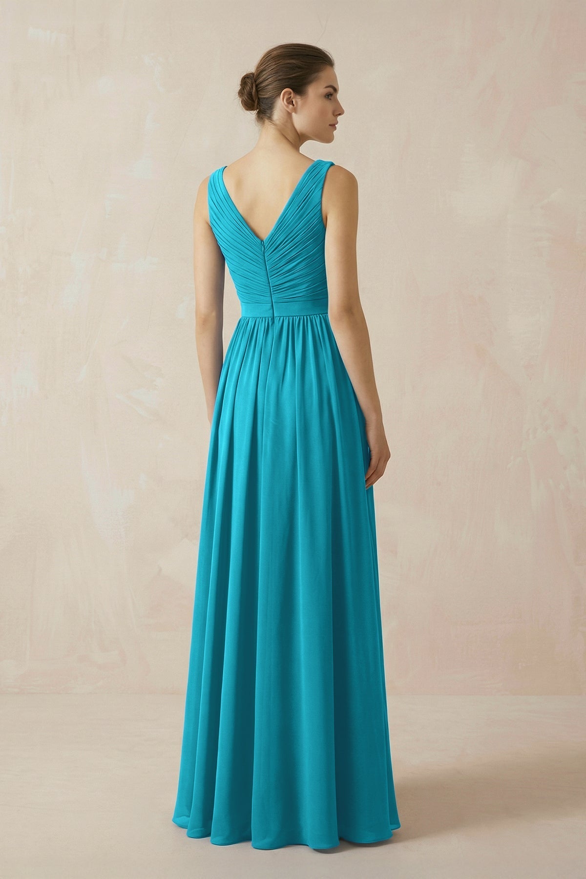 A-Line V-Neck Pleated Chiffon Bridesmaid Dress in Blue Jay